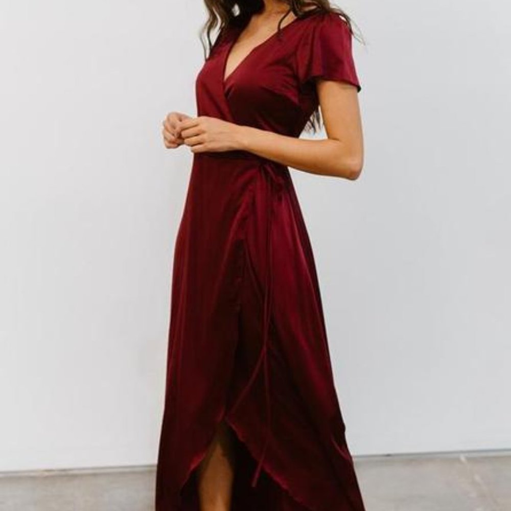 Red Satin Maxi Wrap-front Dress - Picture 4 of 8